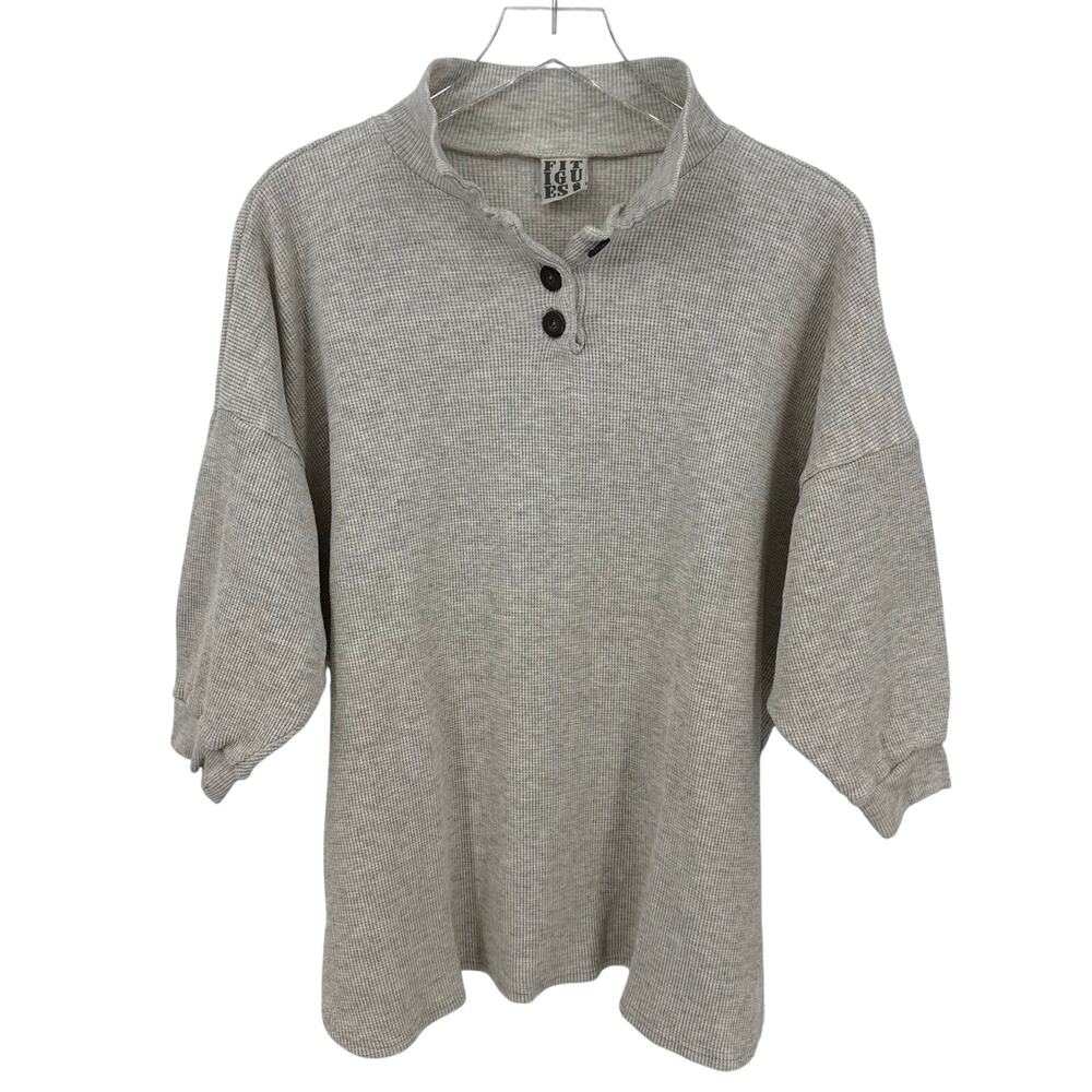 Vintage Fitigues Size Large Gray Waffle Knit Henley Top 3/4 Length Sleeves